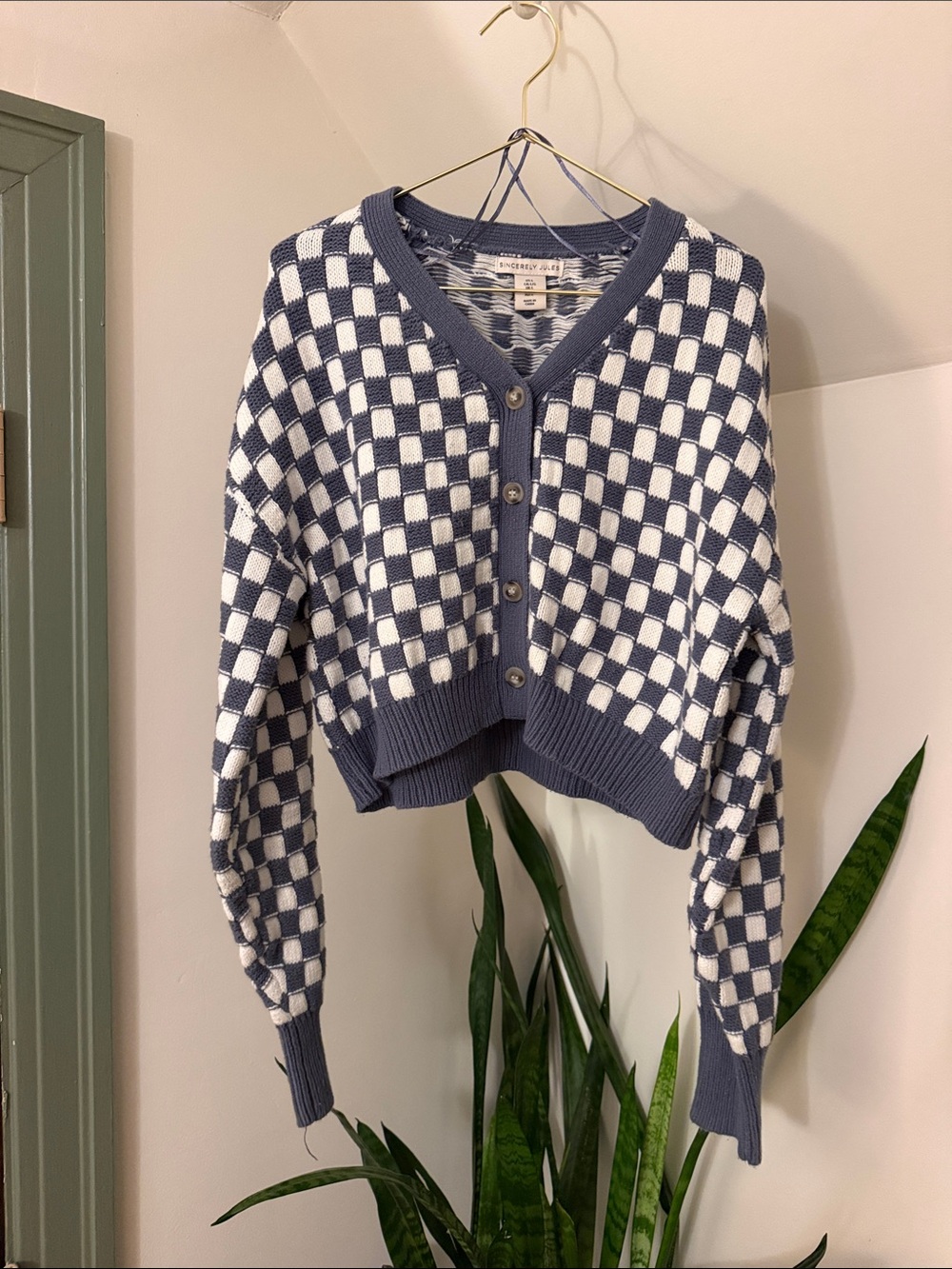 Sincerely Jules Blue & White Checkerboard Cropped Cardigan